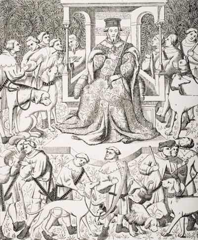 Gaston Phoebus Teaching the Art of Venery or Hunting, after a 15th century miniature of Phoebus and his Staff Hunting Wild Animals and Birds of Prey by French School